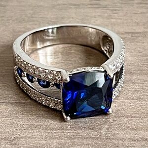 DK Faceted Sapphire Multi Gemstone, White CZ and 925 Sterling Silver Ring